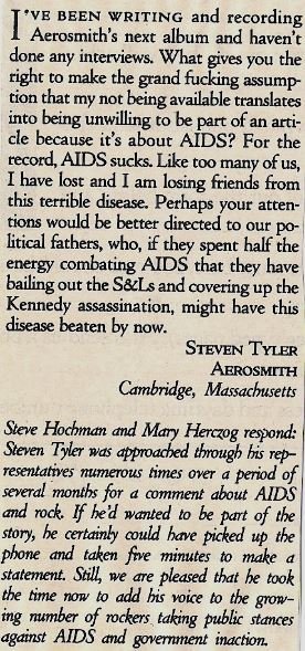Aerosmith / Steven Tyler Writes Letter About AIDS | Magazine Article (1992)