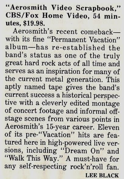Aerosmith / Aerosmith Video Scrapbook - Home Video Review #1 | Magazine Article (1988)