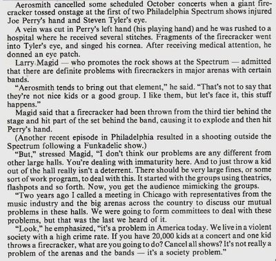 Aerosmith / Cancelled October Concerts | Magazine Article (1977)
