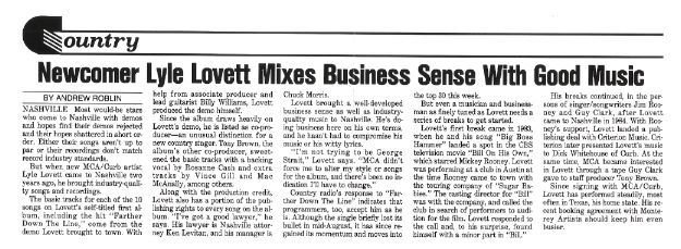 Lovett, Lyle / Newcomer Lyle Lovett Mixes Business Sense with Good Music | Magazine Article (1986)