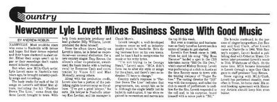 Lovett, Lyle / Newcomer Lyle Lovett Mixes Business Sense with Good Music | Magazine Article (1986)