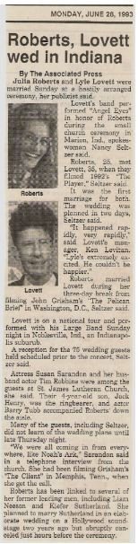 Lovett, Lyle / Roberts, Lovett Wed in Indiana | Newspaper Article with 2 Photos (1993)