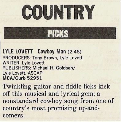 Lovett, Lyle / Cowboy Man - Single Ad #1 | Magazine Article (1986)