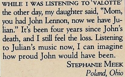 Lennon, Julian / Listening to Valotte (Reader Letter) | Magazine Article (1985)
