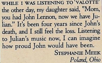 Lennon, Julian / Listening to Valotte (Reader Letter) | Magazine Article (1985)