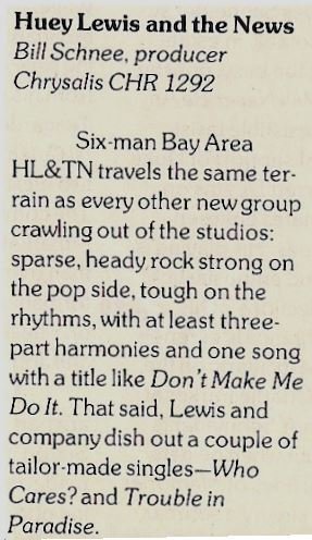 Lewis, Huey (and The News) / Huey Lewis and The News - Album Review #1 | Magazine Article (1980)