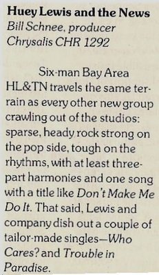 Lewis, Huey (and The News) / Huey Lewis and The News - Album Review #1 | Magazine Article (1980)