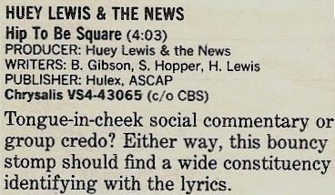 Lewis, Huey (and The News) / Hip To Be Square - Single Review #1 | Magazine Article (1986)
