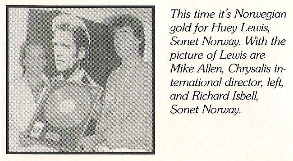 Lewis, Huey (and The News) / Norwegian Gold for Huey | Magazine Photo with Caption (1986)