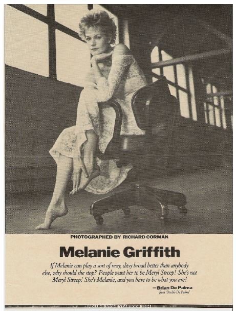 Griffith, Melanie / Sitting On Chair, Dressed in Lace, Bare Feet | Magazine  Photo (1984)
