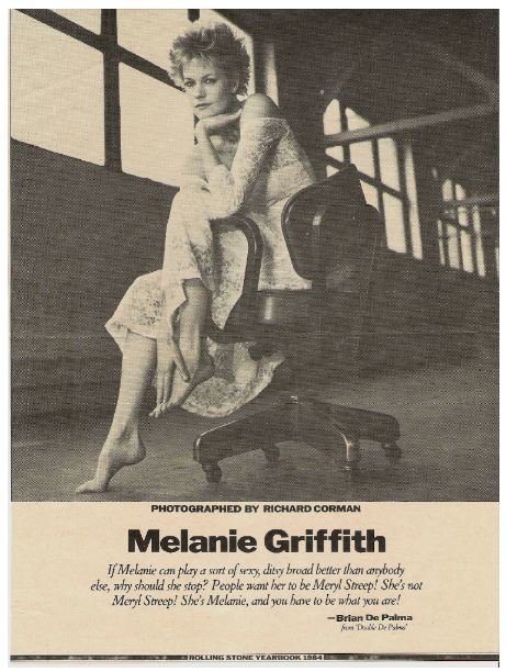 Griffith, Melanie / Sitting On Chair, Dressed in Lace, Bare Feet | Magazine Photo (1984)