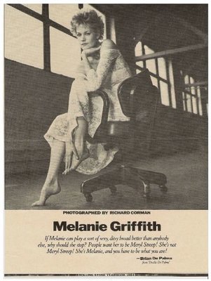 Griffith, Melanie / Sitting On Chair, Dressed in Lace, Bare Feet | Magazine Photo (1984)