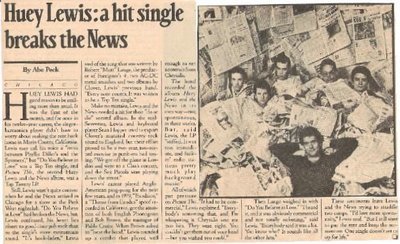 Lewis, Huey (and The News) / Huey Lewis: A Hit Single Breaks the News | Magazine Article + Photo (1982)