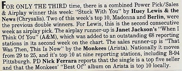 Lewis, Huey (and The News) / Stuck With You - Power Pick Sales + Airplay | Magazine Article (1986)