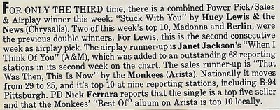 Lewis, Huey (and The News) / Stuck With You - Power Pick Sales + Airplay | Magazine Article (1986)