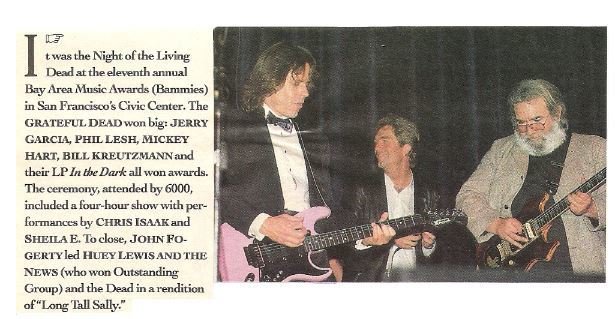 Lewis, Huey (and The News) / Huey with Bob Weir + Jerry Garcia at The Bammies | Magazine Article + Photo (1988)