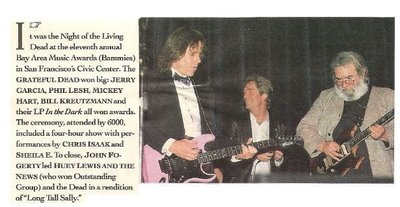Lewis, Huey (and The News) / Huey with Bob Weir + Jerry Garcia at The Bammies | Magazine Article + Photo (1988)