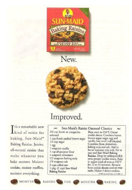 Sun-Maid (Raisins) / Baking Raisins - New. Improved. | Magazine Ad with Recipe (1994)