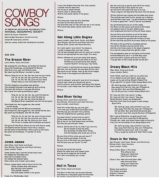 Various Artists / Cowboy Songs / National Geographic Society 07786 | Inner Sleeve | 1976