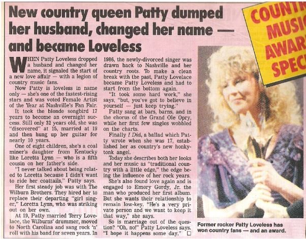 Loveless, Patty / New Country Queen Patty Dumped Her Husband... | Magazine Article + 1 Photo | 1990