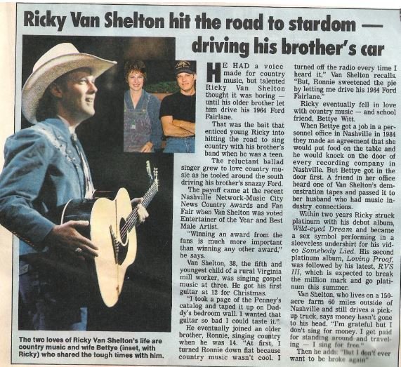 Van Shelton, Ricky / Hit the Road to Stardom - Driving His Brother&#39;s Car | Magazine Article + 2 Photos | 1990
