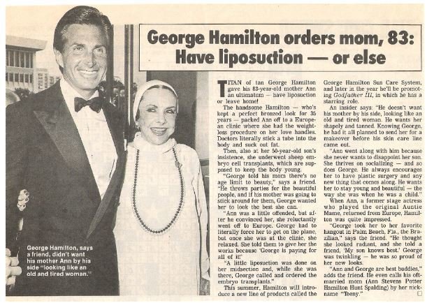 Hamilton, George / Orders Mom, 83: Have Liposuction Or Else | Magazine Article + Photo | 1990
