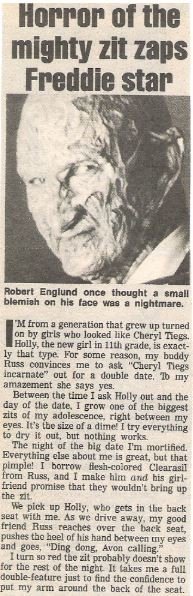 Englund, Robert (as Freddie Krueger) / Horror of the Mighty Zit Zaps Freddie Star | Magazine Article + Photo | 1990