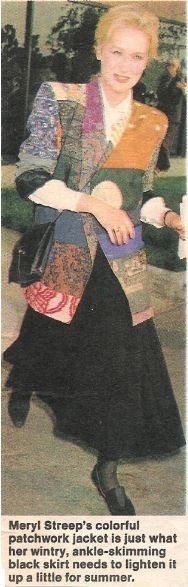 Streep, Meryl / Colorful Patchwork Jacket | Magazine Photo with Caption | 1990