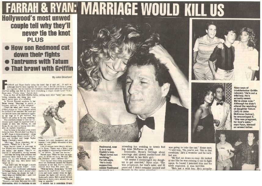Fawcett, Farrah / Farrah + Ryan: Marriage Would Kill Us | Magazine Article with 5 Photos | 1990