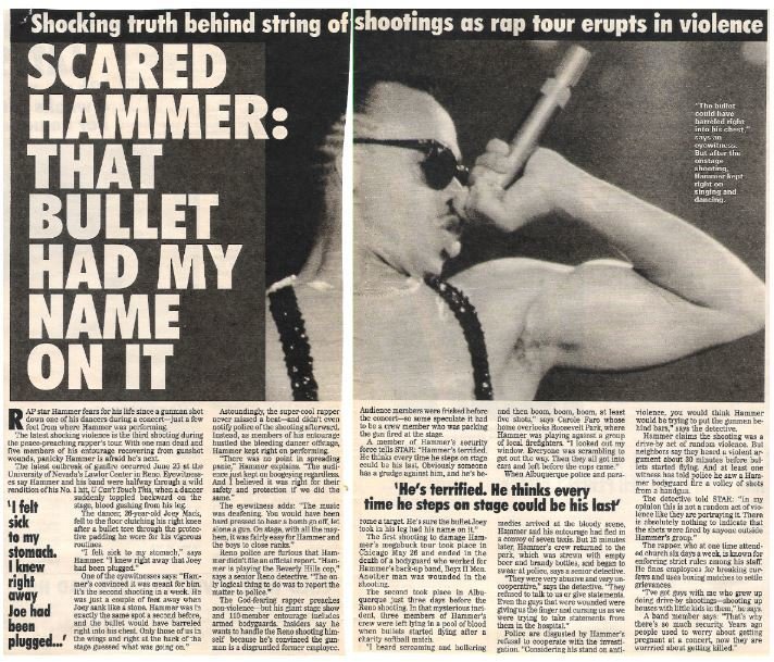 Hammer, M.C. / Scared Hammer: That Bullet Had My Name On It | Magazine Article with Photo | 1992