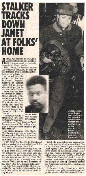 Jackson, Janet / Stalker Tracks Down Janet at Folks' Home | Magazine Article with 2 Photos | 1992