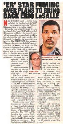 LaSalle, Eriq / ER Star Fuming Over Plans | Magazine Article with 2 Photos| 2002