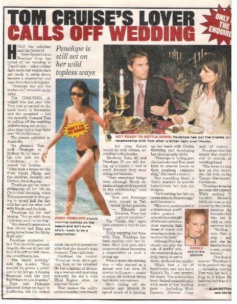 Cruise, Tom / Tom Cruise&#39;s Lover Calls Off Wedding | Magazine Article with 3 Photos | 2002