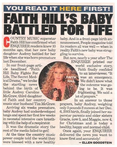 Hill, Faith / Baby Battled for Life | Magazine Article with Photo | 2002