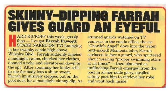 Fawcett, Farrah / Skinny-Dipping Farrah Gives Guard An Eyeful | Magazine Article | 2002