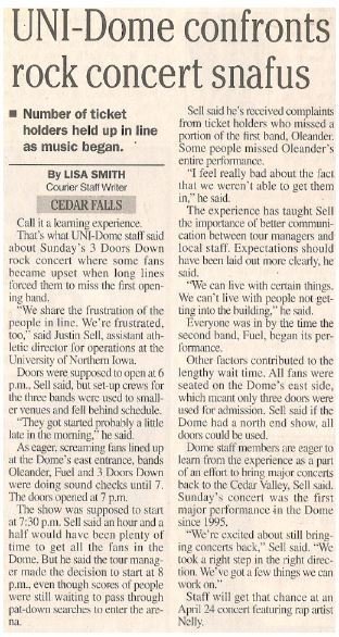 3 Doors Down / UNI-Dome Confronts Rock Concert Snafus | Newspaper Article | 2001