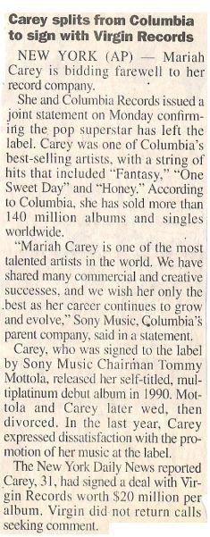Carey, Mariah / Carey Splits from Columbia to Sign with Virgin Records | Newspaper Article | 2001