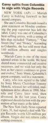 Carey, Mariah / Carey Splits from Columbia to Sign with Virgin Records | Newspaper Article | 2001
