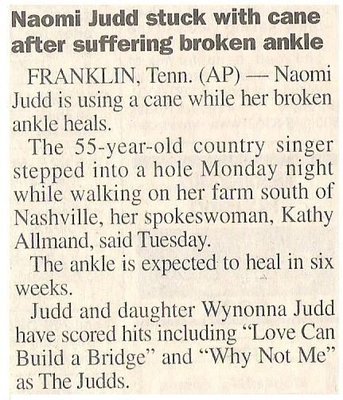 Judd, Naomi / Stuck With Cane After Suffering Broken Ankle | Newspaper Article | 2001