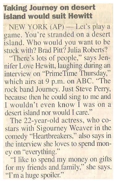 Hewitt, Jennifer Love / Taking Journey On Desert Island Would Suit Hewitt | Newspaper Article | 2001