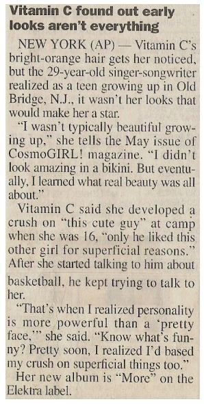 Vitamin C / Found Out Early Looks Aren&#39;t Everything | Newspaper Article | 2001