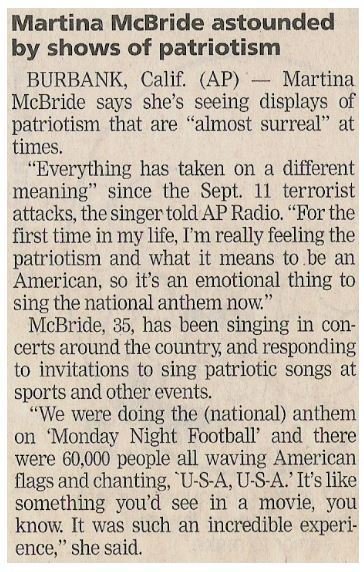 McBride, Martina / Astounded By Shows of Patriotism | November 2001