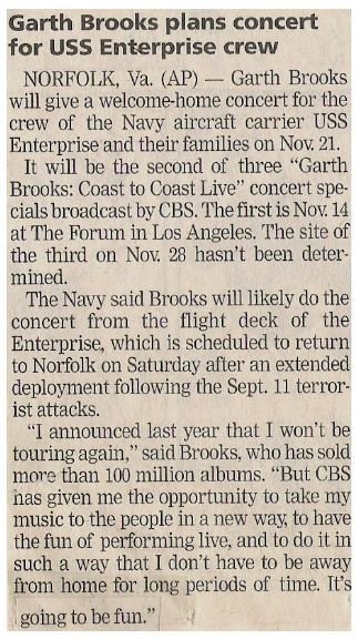 Brooks, Garth / Plans Concert for USS Enterprise Crew (2001)