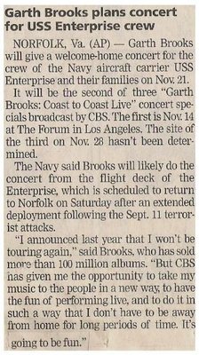 Brooks, Garth / Plans Concert for USS Enterprise Crew (2001)