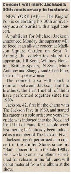 Jackson, Michael / Concert Will Mark Jackson's 30th Anniversary in Business | Newspaper Article | April 2001