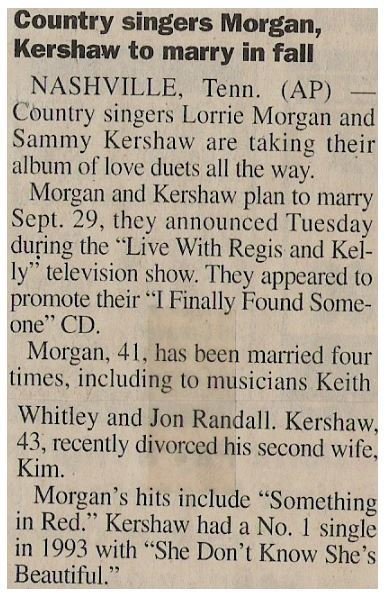 Morgan, Lorrie / Country Singers Morgan, Kershaw to Marry in Fall | Newspaper Article | April 2001 | with Sammy Kershaw