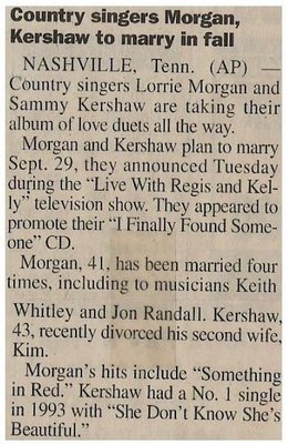 Morgan, Lorrie / Country Singers Morgan, Kershaw to Marry in Fall | Newspaper Article | April 2001 | with Sammy Kershaw