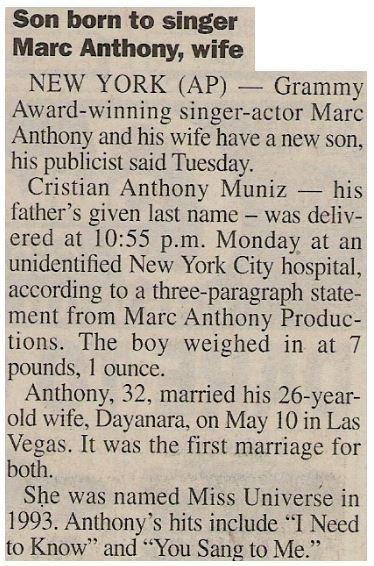 Anthony, Marc / Son Born to Singer Marc Anthony, Wife (2001)