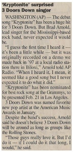 3 Doors Down / Kryptonite Surprised 3 Doors Down Singer | Newspaper Article | February 2001