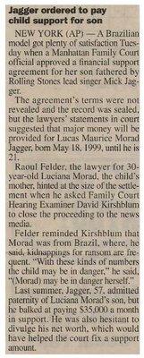 Jagger, Mick / Jagger Ordered to Pay Child Support for Son | February 2001